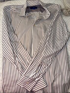 Egara Men's White Shirt with Brown Stripe Dress Shirt